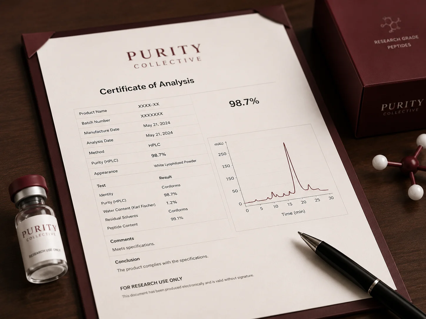 Certificate of analysis and product vial